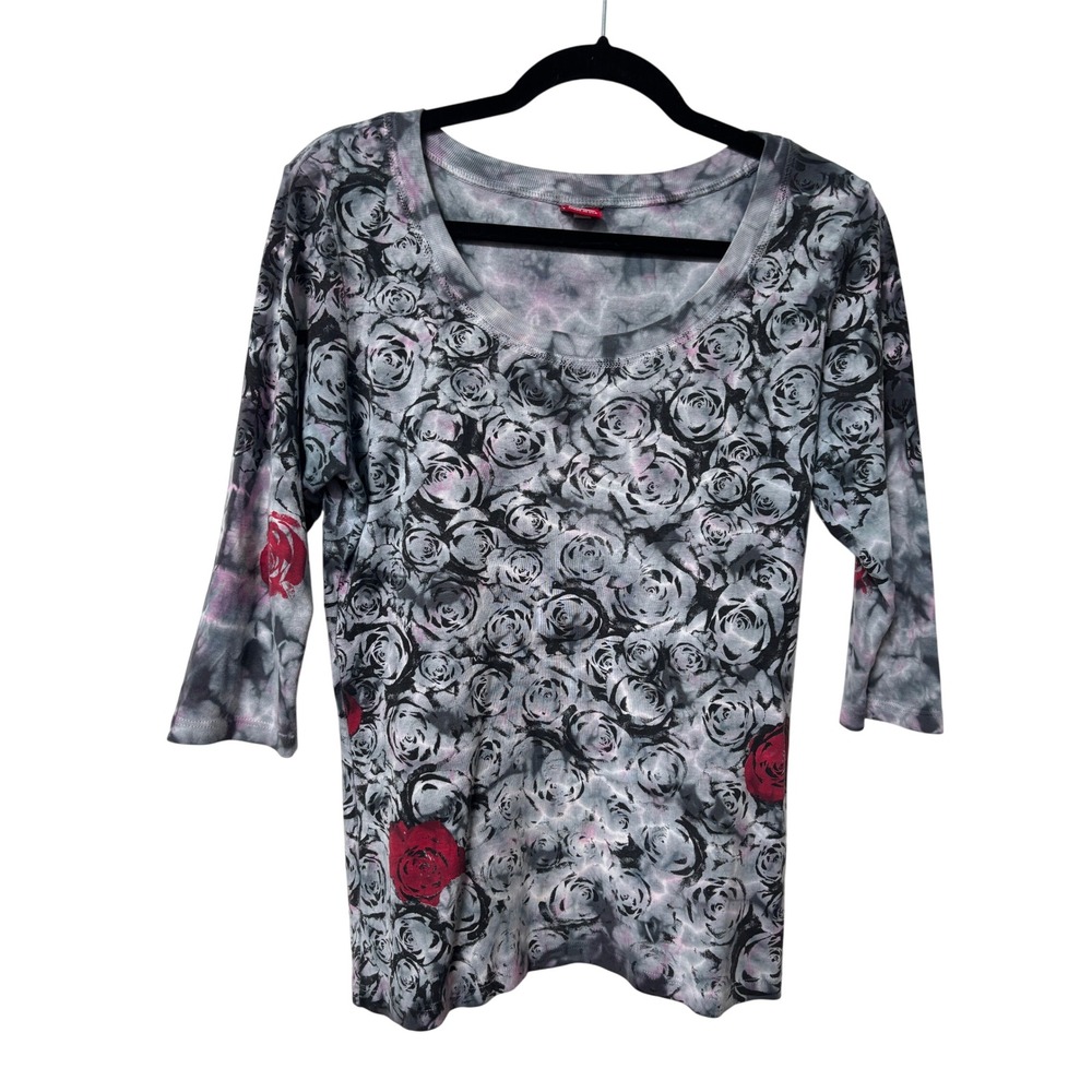 Y2K Glima Womens Rose Print Tie Dye Scoop Neck 3/4 Sleeve Cotton Top Grey Pink